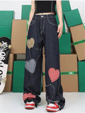 Girlary Women's Color Blocking Love Grid Patchwork Design Jeans Street Girl Bottoms Wide Legs Pants Female Fashion Denim Trousers