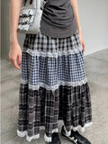 Girlary Vintage Harajuku Lace Plaid Skirt Women Preppy Style Long Skirts Autumn Winter Streetwear Retro A-line Ruffle Skirts