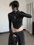 Girlary Gotrh Dark Techwear Fashion Cyber Gothic T-shirts Grunge Hooded Bodycon Zip Up Blouses Y2k Punk Black Streetwear Crop Tops Women