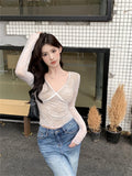 Girlary Spring Slim Tees High Waist V-Neck Spring Florals Lace New Hot Girls 2024 Office Lady Full Sleeve Casual Party T-Shirts