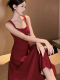 Girlary Elegant Summer Solid Midi Dress Women Spaghetti Strap Square Collar High Waist Slim Evening Party Dresses Prom Robe Vestido New