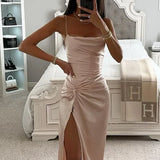 Girlary Maxi Dress Women Stylish Elegant Solid Satin Suspender Sleeveless Pleated Irregular Slit Nipped Waist Slim Party Dress