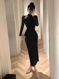 Girlary Women Dresses Sexy Elegant Mesh Patchwork Hollow Out Stand Collar Irregular Long Sleeve Party Dress Female Temperament