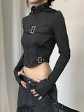 Girlary Gotrh Dark Techwear Fashion Cyber Gothic T-shirts Grunge Hooded Bodycon Zip Up Blouses Y2k Punk Black Streetwear Crop Tops Women