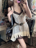 Girlary 2024 Summer New Sets Vintage Lace Hollow Out Knitted Camisole Dresses+ Y2k Sexy Slim Fit Floral Strap Dress Women Korean Fashion