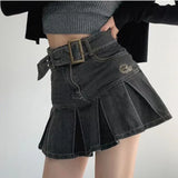 Girlary Denim Pleated Mini Skirt Vintage Sexy High Waist A-line Belt Women Embroidery Jean Short Skirt Summer Japanese Y2k