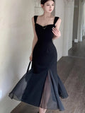 Girlary New Summer Black Dress Women Sexy Spaghetti Strap Slim Mesh Mermaid Evening Party Dresses Retro Prom Robe Mini Vestidos Mujer