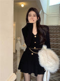 Girlary Sexy Black Knitting Female Mini Dress Chic Chain Buttons Slim V-neck Fashion Women's Dresses Solid Color Winter Dresses