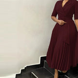 Girlary Office Sexy V-neck Long Sleeve Party Dress 2025 Women Casual Long Sleeve Solid Long Dress Elegant Commuter Pleated Maxi Dresses