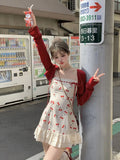 Girlary 2024 New Red Casual Crop Tops Cardigan Sweet Lace Y2k Mini Dress Party Sexy Strap Dress Korean Fashion Suit Woman Autumn Chic