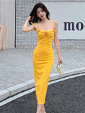 Girlary Tight Fitting Buttocks Elastic Waist Yellow Suspender Dress Women's Summer Vacation Style Long Dress New