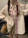 Girlary Harajuku Stripe Blouse with Tie Preppy Style Long Sleeve Button Up Shirts for Women Korean Fashion Autumn School Clothes