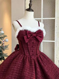 Girlary Christmas New Year 3 Piece Set Sweet Lolita Style Dress Sets Womens Elegant Chic Bow Plush Shawl Short Jackets Mini Skirts Suit