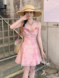 Girlary Summer French Vintage Spaghetti Strap Mini Dress Women Flower Frocks Party Evening Sexy One-Piece Y2k