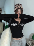 Girlary Retro Graffiti Print Elastic T Shirt Women Sexy Slim Crop Top Ribbed Long Sleeve O-neck Tops Grunge Tee Tops Korean