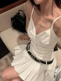 Girlary 2024 Y2k Aesthetic V Neck Black Women Slip Dress Vintage Grunge Slim Harajuku Sexy Belt Dresses Pleated Streetwear Vestido