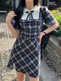 Girlary Fashion New Women Elegant Plaid Preppy Style Dress Vintage Chic Slim Party Birthday Clothes Spring Summer Female Vestidos