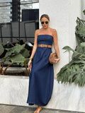 Girlary Elegant Solid Belt Slim Off Shoulder Sleeveless Robes Fashion Women Denim Strapless Maxi Dress 2025 Chic Beach Vocation Vestdios