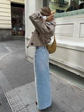 Girlary 2024 Spring Summer Women Solid High Waist Vintage Straight Long Maxi Denim Skirt With Slit