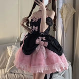 Girlary Japanese Black Pink Rose Color Blocked Off Shoulder Waist Fishbone Lace Lolita Dress Women Gothic Halloween Princess Dresses