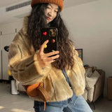 Girlary Winter New American Retro Vertical Striped Fur Imitation Mink Eco Friendly Parkas Thickened Stand Up Collar Warm Cotton Coat