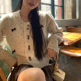 Girlary Korean Style Knitted Cardigan Women Elegant Sweet Bow Sweater Cardigans Long Sleeve Autumn Winter Aesthetics Cardigan