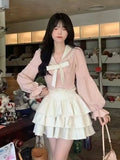 Girlary Fashion Sweet Pink Sailor Collar Bow Long Sleeve Tops+Y2K High Waist Ruffles A-line Mini Skirts Autumn New Two Piece Sets Women