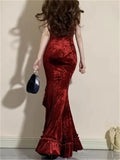 Girlary Winter French Vintage Velvet Long Dress Women Elegant Slim Spaghetti Strap Folds Dress Sexy Casual Evening Party Y2k Dress