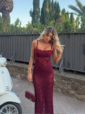 Girlary Women Chic Burgundy Lace Back Slit Maxi Dress Sexy Skinny Square Neck Backless Sling Robe 2024 New Lady Elegant Cocktail Dresses