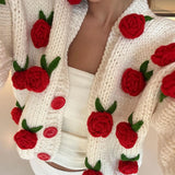 Girlary Women's Y2K Cute Kawaii Crop Knit Cardigans Long Sleeve 3D Flowers Decor Button Closure Loose Casual Jacket Sweaters