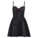 Girlary Punk Style Tie Up Mall Gothic Elegant Women Dresses Grunge Aesthetic Jacquard Rose Dress Emo Lace Trim Black Party Alt Clothes