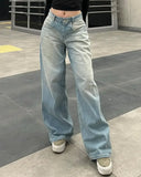 Girlary Harajuku Baggy Straight Pants High Waisted Y2k Vintage Blue Washed and Distressed Jeans Fashion Casual Classic Trousers New