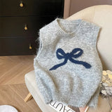 Girlary Knitted Sweater Vest Women Clothing O-neck Sleeveless Bow Waistcoat Y2k Tops Causal Fashion Vintage Crop Tanks Ropa Mujer