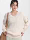 Girlary Autumn New V-neck Long Sleeve Sweater Women Fashion Casual Versatile Loose Lace Patchwork Pullovers Elegant Chic Knitted Tops