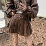 Girlary Vintage Y2k Leather Skirt Women Sexy Punk Pleated Skirt Brown Retro High Waist Fashion Streetwear A-line Mini Skirts