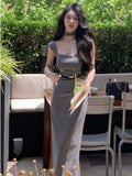 Girlary Summer New Korean Elegant Slim Evening Party Dresses With Belt Sex Solid One Piece Clothing Office Lady Chic Formal Dress