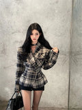 Girlary Korean Fashion Temperament High-end Plaid Suit Jacket Autumn and Winter New Style Hip Hugging Short Skirt Two-piece Set