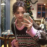 Girlary Women Knitted Pullover Sweater Retro High-End Christmas Jacquard Contrast Color Sweater Autumn Winter New Loose Lazy