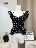 Girlary Summer 2024 New Design Women Polka Dot Butterfly Sleeve T-Shirts American Style Sexy Quality Halter Top Daily Cozy Gyaru Tees