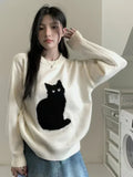 Girlary Sweet Sweater Pullover Women Cartoon Cat Pullover Autumn Winter Outwear Loose Vintage Knitted Tops Female Fashion