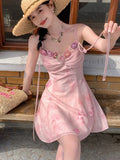 Girlary Summer French Vintage Spaghetti Strap Mini Dress Women Flower Frocks Party Evening Sexy One-Piece Y2k