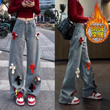 Girlary Women's Y2k Cross Print Straight Jeans Retro High Waist Denim Pant Casual Oversized Baggy Trousers High Street Plush Pants