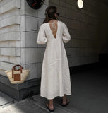 Girlary Elegant Beige Women Linen Dress Puff Sleeve Long Backless Button Dress Ladies V-Neck Cotton Dress Soft Fashion