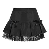 Girlary Dark Lace A-line Mini Skirt Vintage Fashion Black Low Waisted Bow Stitching Short Skirts Y2K Gothic Cute Bottoms Streetwear