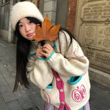 Girlary American Sweater Cardigan Dopamine Autumn Winter Lazy Style Lapel Knitted Jacket Popular Style Stacked Top