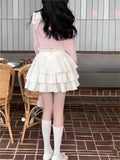 Girlary Fashion Sweet Pink Sailor Collar Bow Long Sleeve Tops+Y2K High Waist Ruffles A-line Mini Skirts Autumn New Two Piece Sets Women